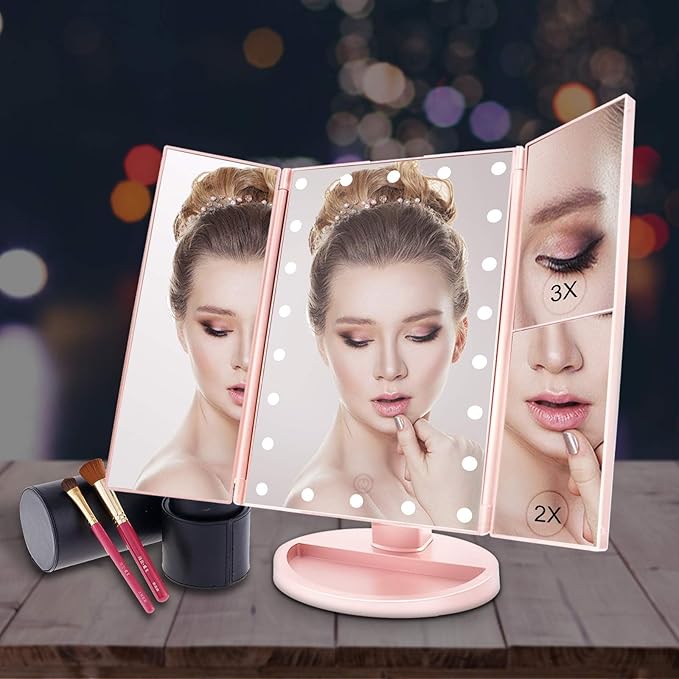 WEILY Makeup Mirror with 21 LED Lights,Two Power Supply Modes, Adjustable Touch Screen and 1x/2x/3x Magnification Tri-Fold Vanity Mirror, Chargeable Travel Cosmetic Mirror for Desktop (Pink)