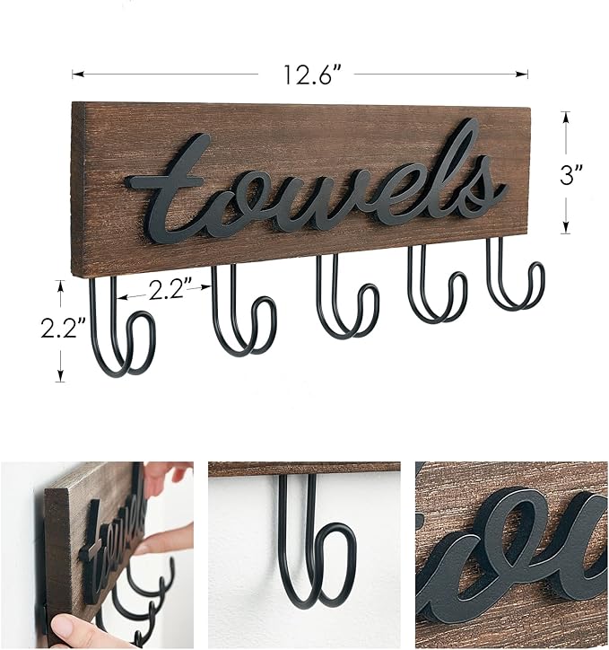 Mkono Towel Holder Wall Mounted Towel Racks for Bathroom Farmhouse Decor Rustic Wood Towel Hooks Hang Towels Bathrobe Coat Clothing 12.6" x 5.2" Bath Towel Hanger Storage Organizer