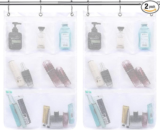 GYEUKHAM Hanging Mesh Shower Caddy for Bathroom - Quick Drying Portable Shower Organizer with Multiple Pockets for Soap,Shampoo and Cruise Ship Essentials Saving Bathroom Storage,White,2 Pack