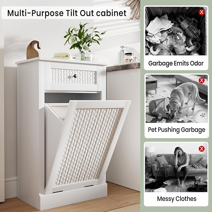 Double Tilt Out Laundry Hamper Cabinet, Rattan-Style Laundry Room Organization with Removable Laundry Basket, Hidden Wood Dirty Clothes Hamper with Drawers, 39" L x 13" W x 35.8" H, White