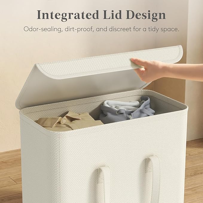 Lifewit 64.9L Slim Laundry Hamper, Narrow Laundry Basket with Lid, Collapsible Clothes Storage with Easy Carry Handles, Thin Hampers for Bathroom Laundry Room Dorm, White