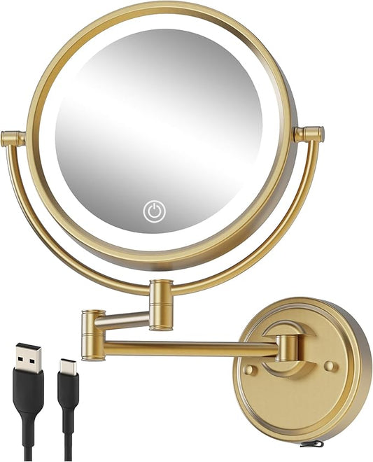 10" Large Lighted Makeup Mirror Wall Mounted, Rechargeable 1X/5X Double-Sided 3 Color Touch Dimmable Extended Swing Arm 360 Rotation Vanity Mirror for Bathroom, Brushed Moderne Brass
