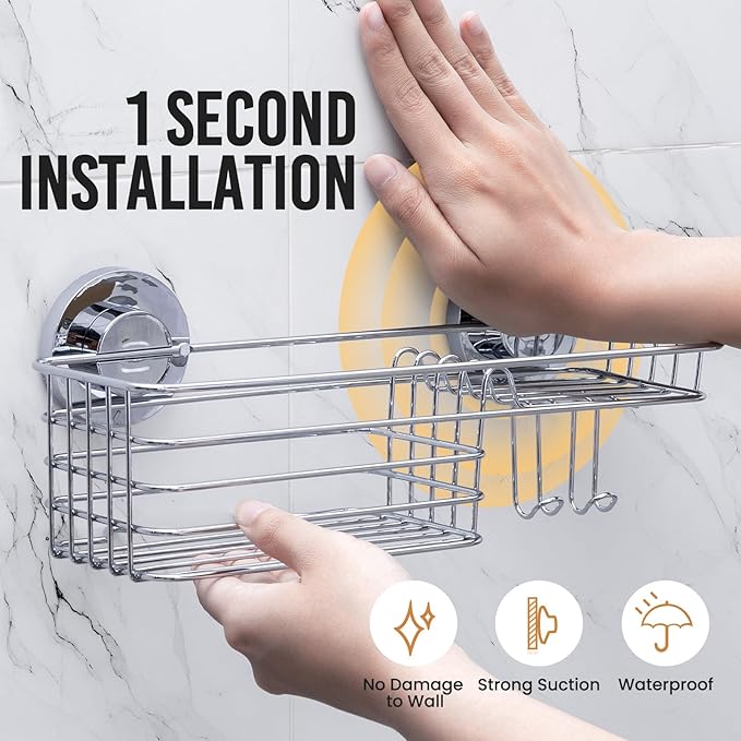 LEVERLOC Shower Caddy Suction Cup, Organizer with Hooks & Soap Holder for Inside Shower, Removable Bathroom Shelf-Silver