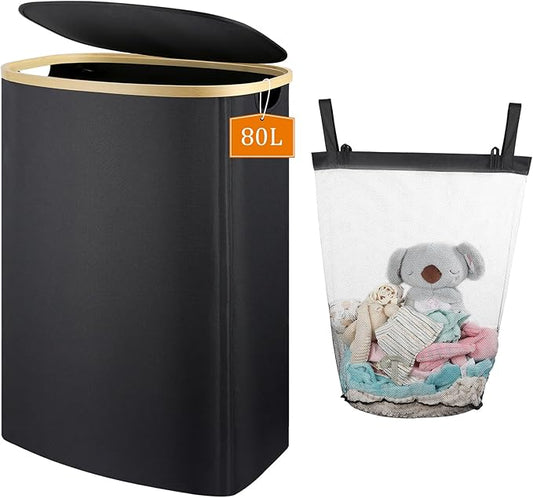 Slim Laundry Basket with Lid, 80L Narrow Laundry Hamper with Removable Bag, Clothes Hampers for Laundry with Bamboo Handles for Bathroom, Bedroom, Dorm & Laundry Room