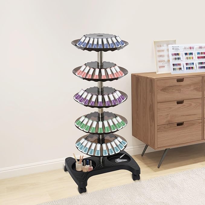 Nail Polish Trolley Organizer, 5 Tiers 360° Rotating Tray Nail Polish Spinning Rack Display Stand with Wheels, Display Rolling Cart for Spa Home Use