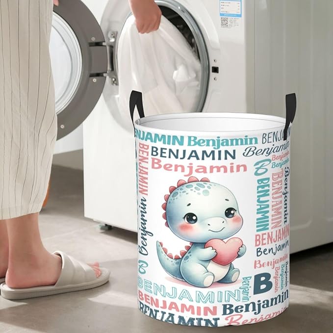 Custom Dinosuar Laundry Baskets, Personalized Dinosaur Gifts with Customized Name, Collapsible Laundry Hamper for Kids Adults Home Decoration,16.5 X 13.8in