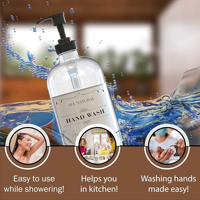 Sunrise Premium 16 OZ Clear Glass Soap Dispenser with Pump, Hand and Dish Soap Dispenser Set for Bathroom with 12 Waterproof Labels, Pack 4