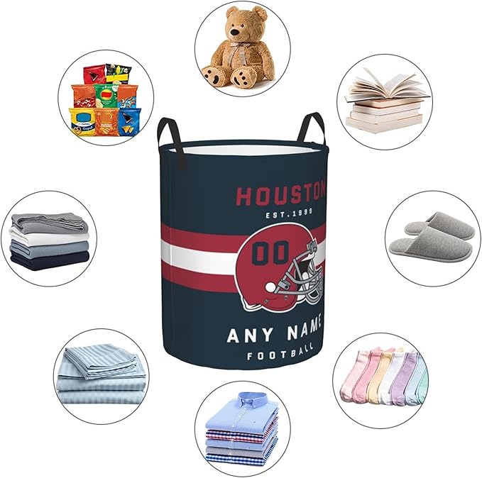 Custom Houston Laundry Hamper - Personalized Football Style Laundry Basket - Customized Name and Number - Dirty Clothes Hamper Waterproof Large Capacity Hamper for Bedroom Bathroom Living Room
