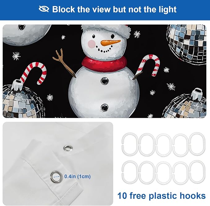 Shrahala Christmas Snowman Decorative Shower Curtain, Silver Disco Mirror Ball Bathroom Décor Polyester Fiber Waterproof with Plastic Rings for Shower Stall Bathtubs 72 x 60 in