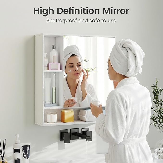 Giantex Bathroom Medicine Cabinet with Mirror, Wall Mounted Medicine Cabinet w/Single Door, 3 Open Shelves & Adjustable Shelf, Space-Saving Hanging Storage Cabinet for Living Room, Hallway (White)