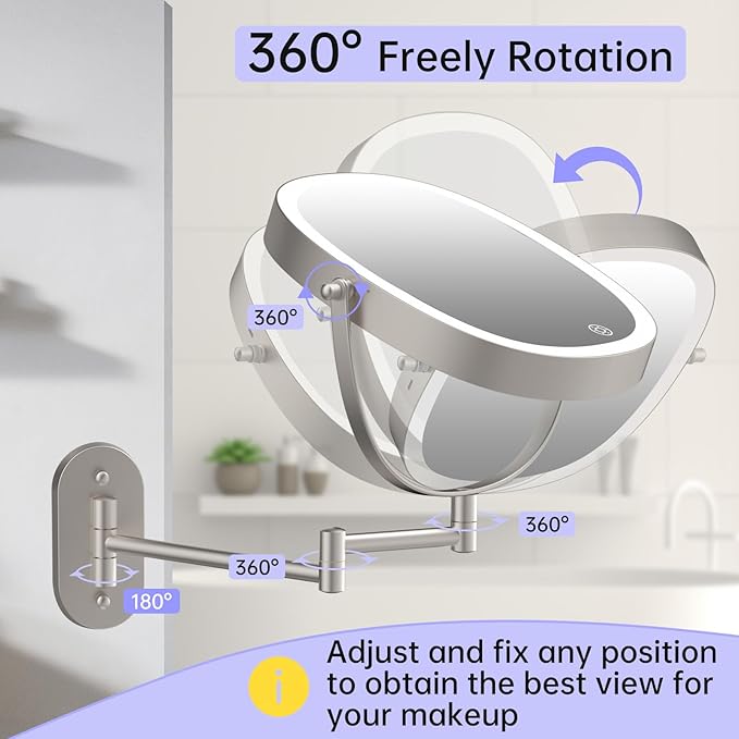 FUNTOUCH Rechargeable Wall Mounted Lighted Makeup Mirror, Oval Double-Sided Mirror 1X/10X Magnifying Mirror,3 Color Lights Touch Screen Dimmable 360°Swivel 13 Inch Extendable,Nickel