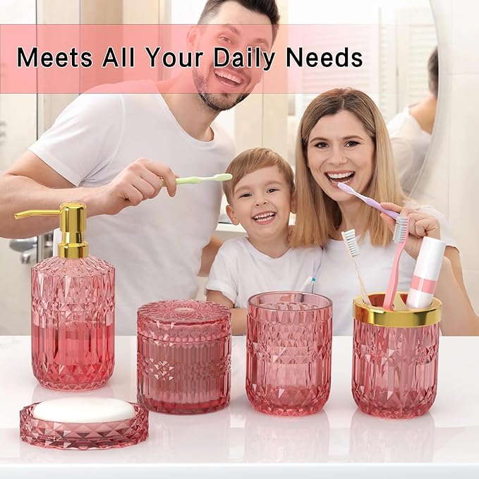 New Pink Glass Bathroom Accessories Set 5 Pcs, Pink Bathroom Set, Soap Dispenser and Toothbrush Holder Set, Qtip Holder Set, Vintage Bathroom Sink Set, Cute Bathroom Decor