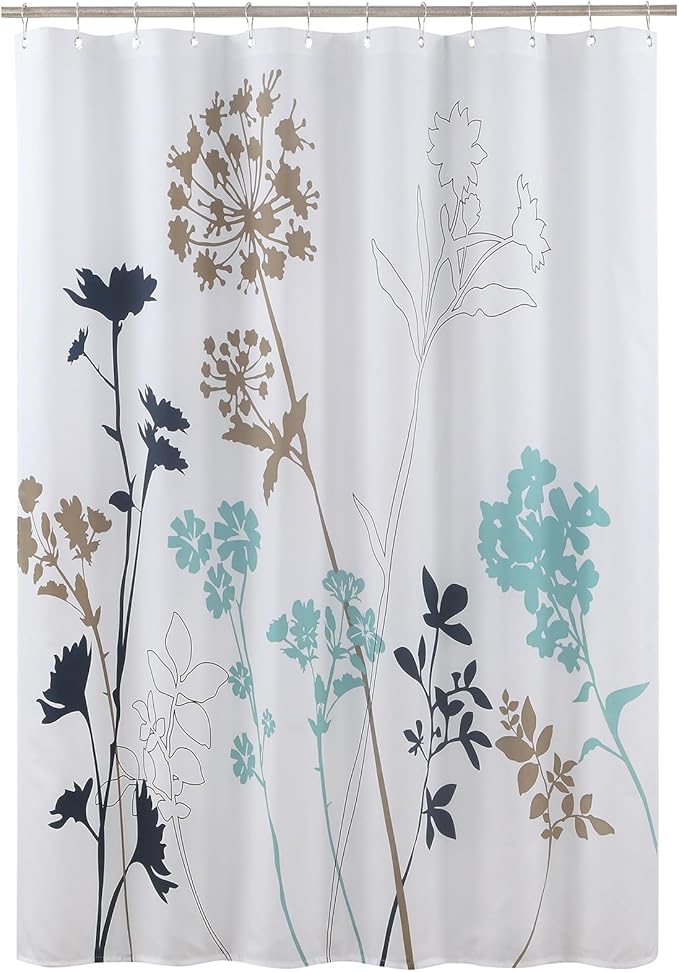 Blue and White Floral Shower Curtain, Teal Brown Flower Fabric Shower Curtain for Bathroom, Waterproof Washable Plant Decorative Bathroom Shower Curtains, 72" W X 78" H