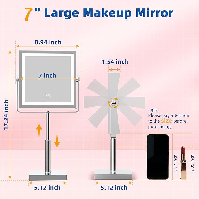 Ruacq Makeup Mirror with Lights, 4000mAh Rechargeable Magnifying Mirror with Light, 1X/10X, Height Adjustable Bathroom Vanity Mirror, 3 Colors, Adjustable Brightness (Chrome)