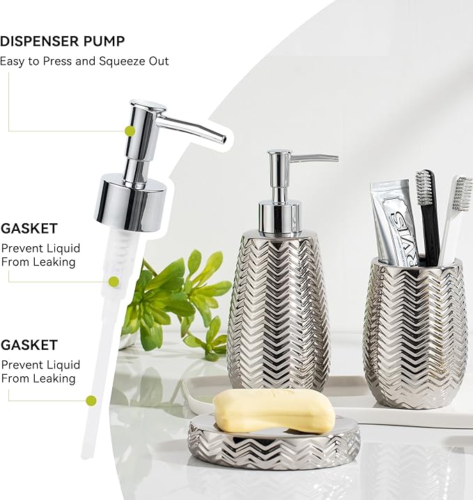 Silver Bathroom Accessories Set 3 Piece, Soap Dispenser, Toothbrush Holder and Soap Dish, Wave Design Stylish Elegant Ceramic Bathroom Decor