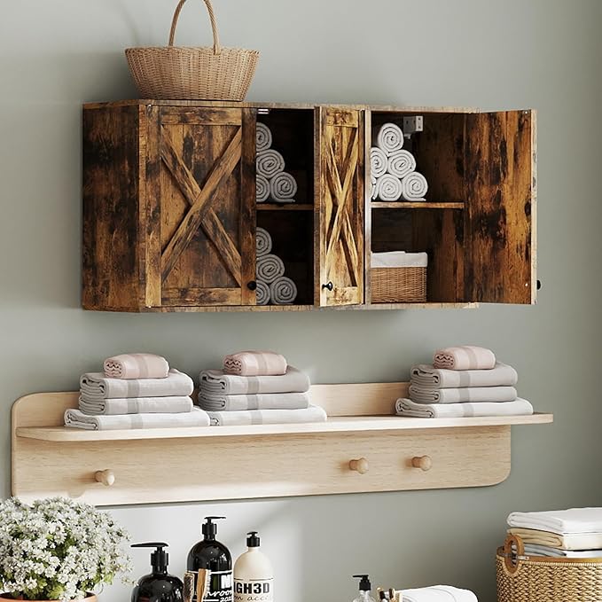 YOURLITE Laundry Cabinet, Medicine Cabinet, Bathroom Kitchen Storage Wall Mounted Farmhouse Organizer with Shelves Over Toilet, 36" Wide, Rustic