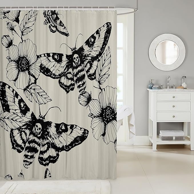 Gothic Skull Bathroom Shower Curtain Set Decorative Death Moth and Flowers Bath Curtain Kids Stalls Decor Pesonalized Skeleton Bones Shower Curtain Black Cream Waterproof Bathroom Curtains 72"x84"