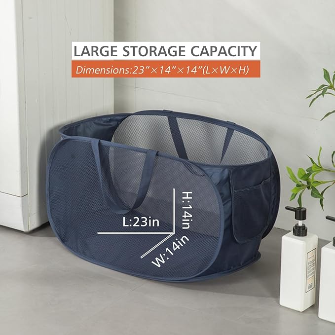 HONOMA Sturdy Mesh Laundry Hamper Basket Bag,Pop up Basket with Side Pocket for Laundry Room, Bathroom, Kids Room, College Dorm or Travel (Pop Horizontal, Beige)