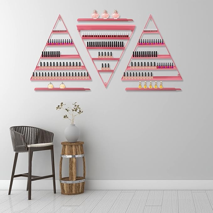 Metal Wall-Mounted Nail Polish Storage Racks, Nail Polish Storage Racks 6PCS Triangular Cosmetic Display Racks Metal Wall Mounted Nail Polish Rack for Spa Nail Salon Shop Home (Pink)