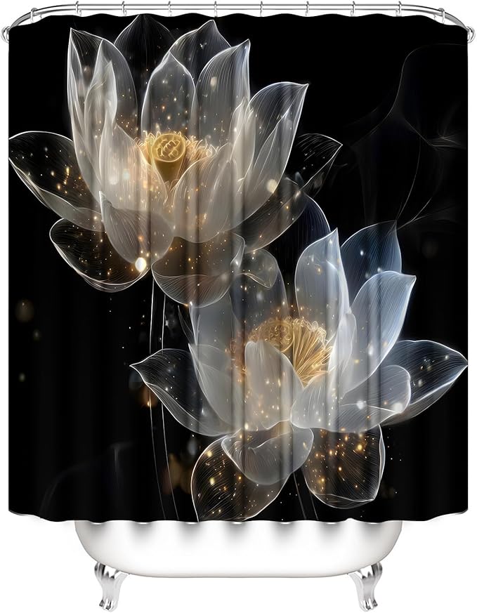 AZHM Zen Lotus Pattern Shower Curtain for Bathroom 4 PCS Bathroom Decor Sets with Shower Curtain and Rugs and Accessories with 12 Hooks