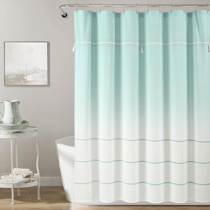 Lush Decor Ombre Embroidery Tassel Cotton Shower Curtain Single 72" W x 72" L Aqua - Blue Shower Curtains for Bathroom - Ombre Bathroom Curtain