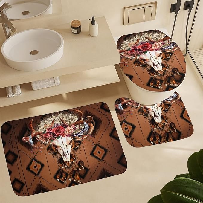 West Country Deer Skull 4 Piece Shower Curtain Sets, Non-Slip Rugs, Toilet Lid Cover and Bath Mat, Durable and Waterproof, for Bathroom Decor Set One Size
