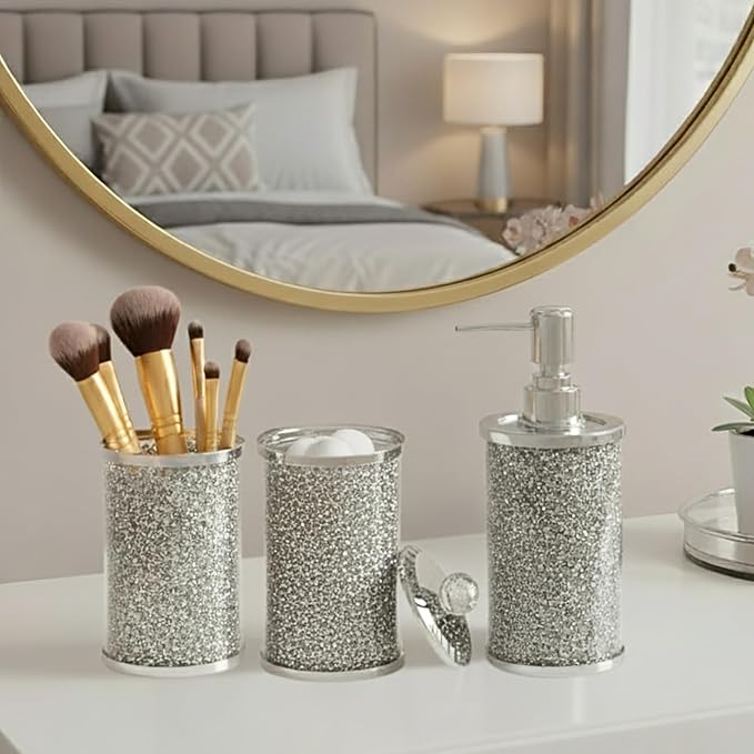 Escenzy Crushed Diamond Glass Bathroom Accessories Set 3 Pcs | Silver Crystal Soap Dispenser and Toothbrush Holder Set with Tumbler | Modern Bathroom Accessory Set and Vanity Organizer