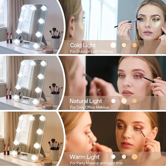 Vanity Mirror with Lights, Hollywood Lighted Vanity Mirror with 9 Dimmable Bulbs for Bedroom, Makeup Mirror with Lights, 3 Color & Brightness Adjustment, USB Charging Port (13.39"x23.5")