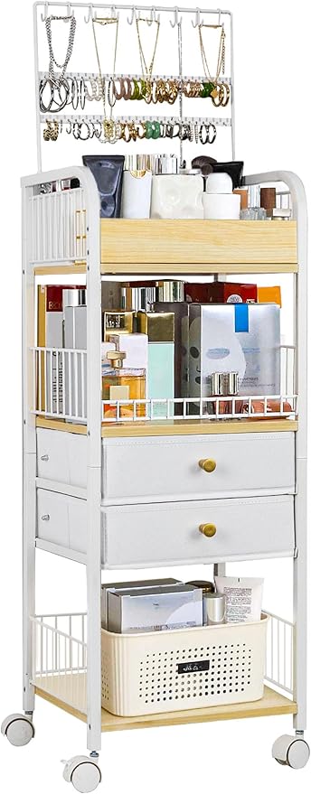 Makeup Cart, Makeup Organizer Cart with Wheels, Rolling Floor Skincare Organizer, Jewelry Organizer for Earring Necklace, Vanity Storage Drawers for Skincare Perfume Nail Polish Brush