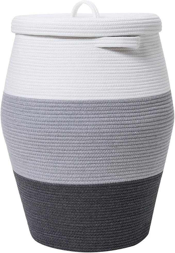 26" x 20" Handcrafted Tall Cotton Rope Basket with Lid, Stylish Flagon Shape with Cover, Clothes Hamper with Top, for Bedroom and Living Room, Grey/Dark Grey