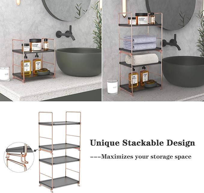 2-Tier Countertop Organizer Cosmetic Storage Rack Vanity Tray Stackable Standing Storage Shelf with Experience Manual(Rose Gold + Black)