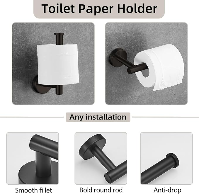 5-Pieces Bathroom Hardware Set, SUS304 Stainless Steel Towel Rack Set, 16" Hand Towel Rack, Toilet Paper Rack, 3 Bathrobe Towel Hooks, Bathroom Accessories, Towel Rack Set(Matte Black)