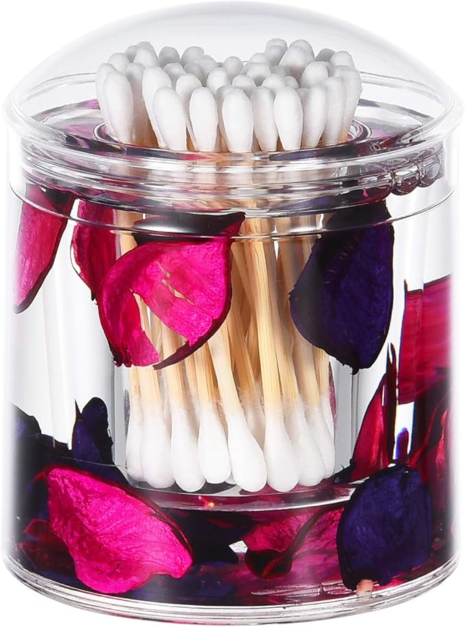 Locco Decor Acrylic Liquid 3D Floating Motion Round Qtip Cotton Ball Swab Holder Dispenser with Lid Leaf