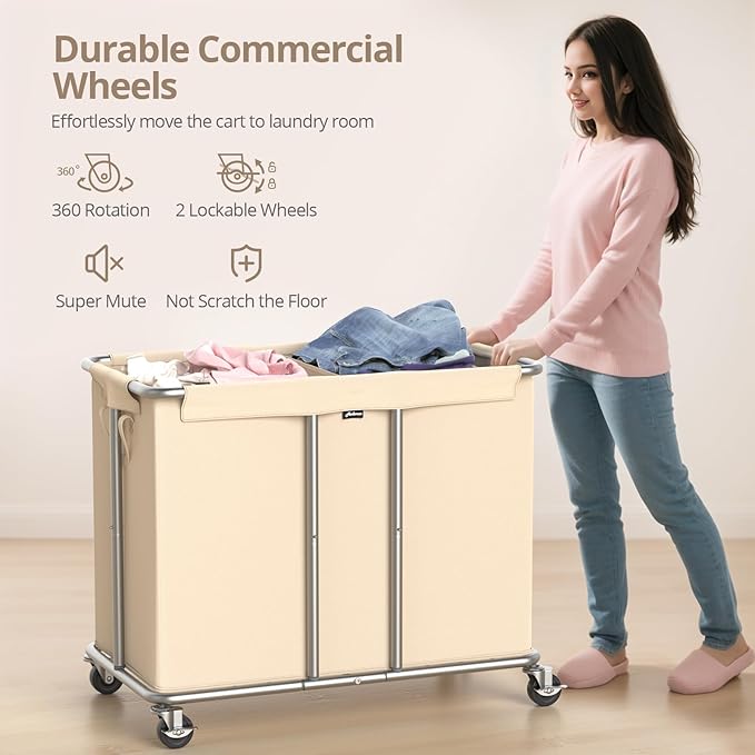 Hodonas 230L Rolling Laundry Hamper, 2-Section Laundry Basket with Wheels, 61 Gallons Laundry Sorter with Metal Structure and Removable Liner, Clothes Hamper for Laundry Room, Bathroom, Bedroom, Beige