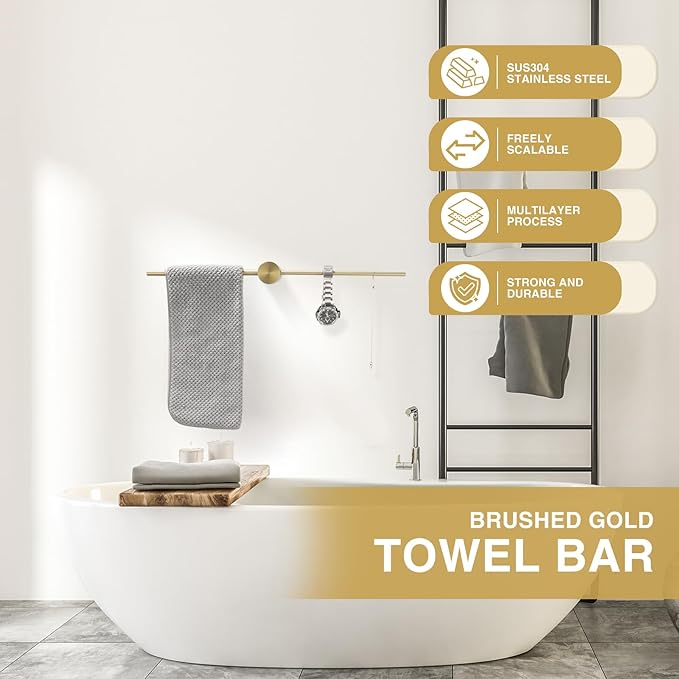 Adjustable Bath Towel Bar Single Bars Towel Rack Rod Wall Mounted SUS304 Stainless Steel Bathroom Towel Holder Toilet Kitchen Towel Shelf Single Layer Modern (Brushed Gold(720mm))