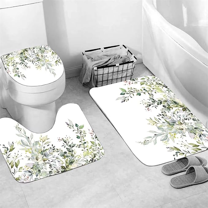 AZHM Sage Green Eucalyptus Plant Shower Curtain Set 4pcs Watercolor Leaves Floral Bathroom Sets with Shower Curtain and Rugs Farmhouse Rustic Bathroom Decor Accessories Set