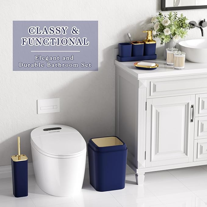 XLHOMO Navy Blue Bathroom Accessories Set, Blue and Gold Bathroom Accessories with Trash Can, Soap Dispenser, Soap Dish, Toothbrush Holder and Q-tip Holders