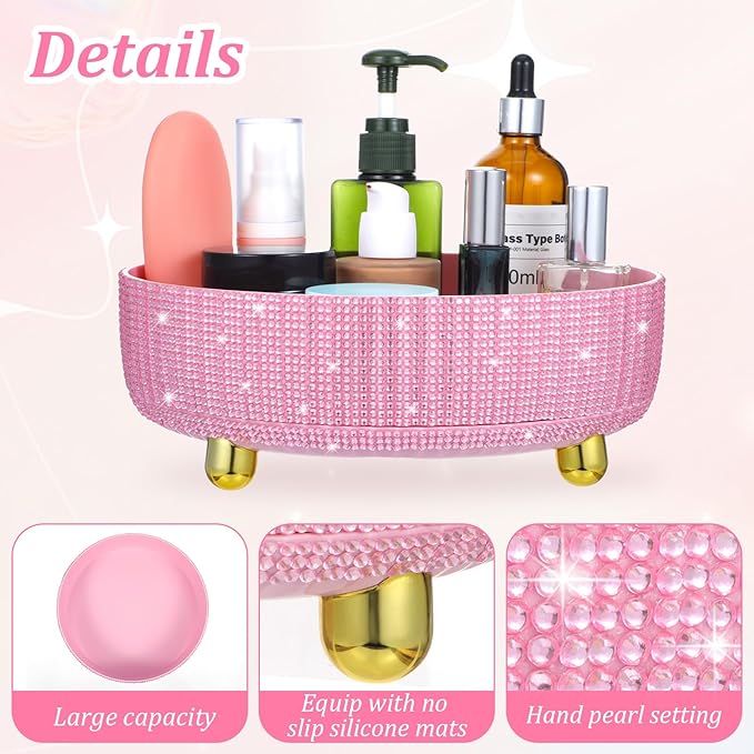1 PCS 360 Rotating Perfume Organizer, Bling Pink Makeup Organizer Rotating Bathroom Organizers with Rhinestone for Bedroom, Dresser, Tabletop, Cosmetics and Perfume Organization
