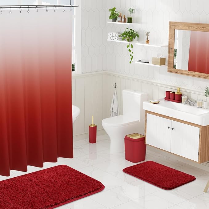 XLHOMO Burgundy Bathroom Accessories Set with Shower Curtain and Rugs, Dark Red Bathroom Accessories with Trash Can,Toothbrush Holder and Cup,Soap Dispenser,Tray,Soap Dish,Toilet Brush,Qtip Holders