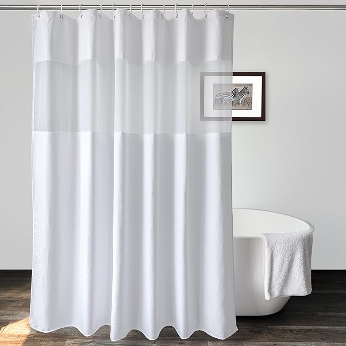UFRIDAY Waffle Weave Fabric Shower Curtain with Mesh Window, Heavy Duty Decorative Bathroom Curtain with White Pique Pattern, Spa-Like Hotel Luxury, Water-Repellent,72 x 96 Inches
