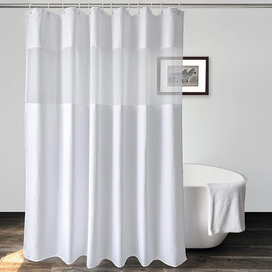 UFRIDAY Waffle Weave Fabric Shower Curtain with Mesh Window, Heavy Duty Decorative Bathroom Curtain with White Pique Pattern, Spa-Like Hotel Luxury, Water-Repellent,72 x 96 Inches