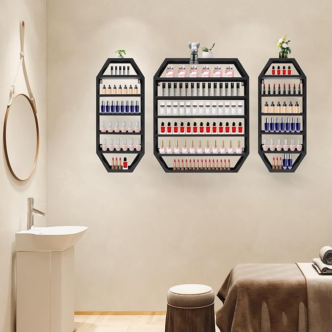 Wall-Mounted Nail Polish Rack, Set of 3 Octagonal Black Nail Polish Shelf Lipstick Perfume Cosmetic Display Shelf for Home Spa Nail Salon Shop