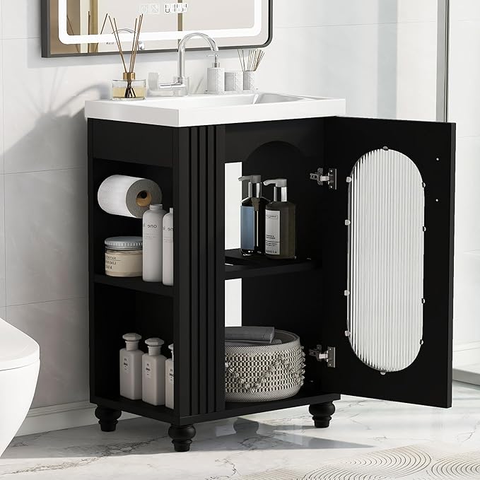 Virubi 20" Small Bathroom Vanity with Sink and Glass Door,Storage Shelf & Toilet Paper Holder,Solid Wood & MDF Modern Single Bathroom Sink Cabinet with Glass Door Freestanding,Black