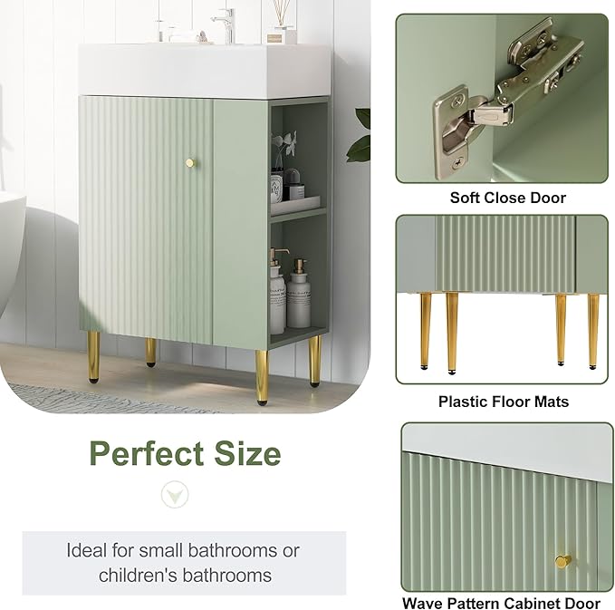 Virubi 21.6 in Small Bathroom Vanity with Sink,Doors and Storage Shelves,Wood Modern Single Fluted Bathroom Sink Cabinet Freestanding (Green,Right Shelf)