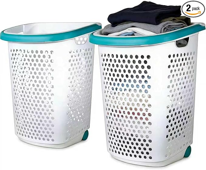 (2-Pack) 2 Bushels Wheeled Plastic Laundry Basket, Lightweight and Flexible, Equipped with Handles, Easy to Clean, Suitable for use in Homes, Dormitories, Bathrooms and Laundry Rooms.