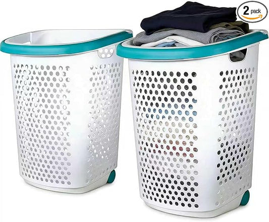 (2-Pack) 2 Bushels Wheeled Plastic Laundry Basket, Lightweight and Flexible, Equipped with Handles, Easy to Clean, Suitable for use in Homes, Dormitories, Bathrooms and Laundry Rooms.