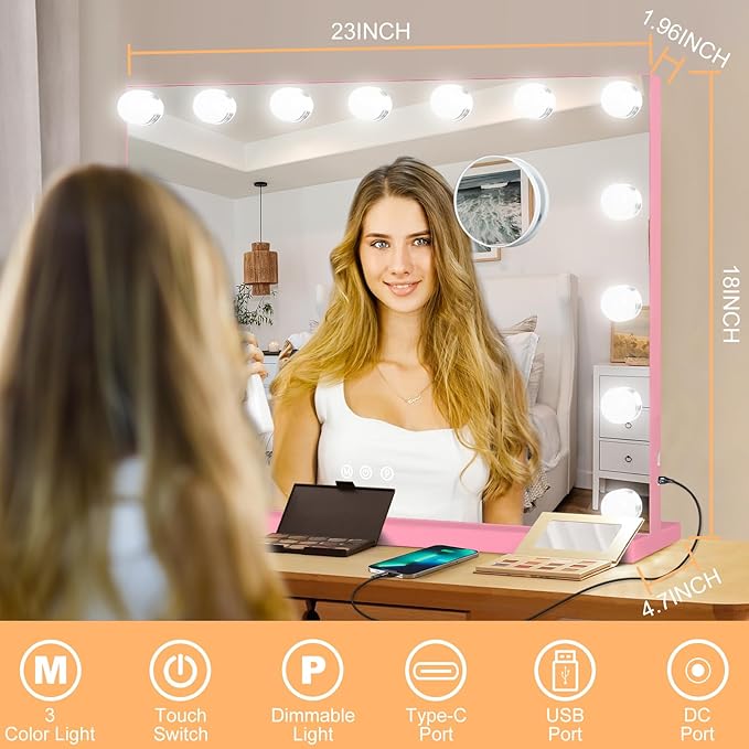Moonee Pink Vanity Mirror with Lights, Hollywood Lighted Makeup Mirror with 15 Dimmable Bulbs and 10X Magnification, 3 Colors Modes, Aluminum Metal Frame, Light Up Mirror for Tabletop/Wall（23" x 18"）