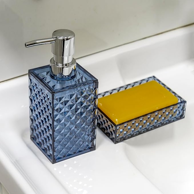Blue Bathroom Accessories Set, 4 PCS Dark Navy Blue Bathroom Accessories Sets Complete, Diamond Pattern Bathroom Soap Dispenser and Toothbrush Holder Set, Boho Bathroom D??cor and Accessories