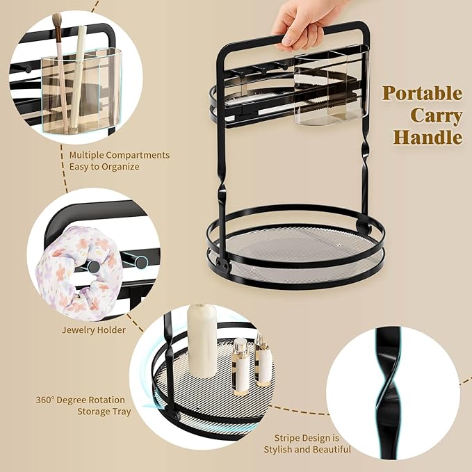 Rotating Makeup Organizer, Black Perfume Organizer for Dresser, Spinning Bathroom Countertop Organizer, 2 Tier Lazy Susan Vanity Tray Skincare Storage Cosmetic Display Case with Brush Holder