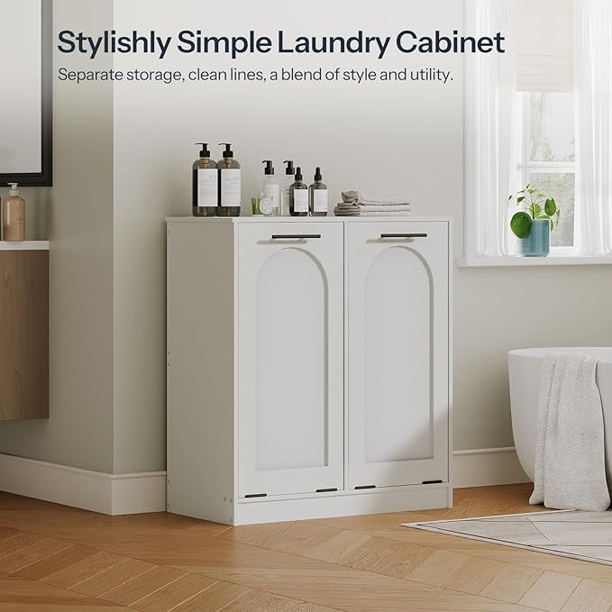 HOOBRO Double Laundry Cabinet, 22 Gal. (83 L) Hamper Cabinet with 2 Hidden Baskets, Farmhouse Storage Basket, Laundry Hamper for Bathroom, Living Room, 14.2" x 28.3" x 32", White WT81XY01N1